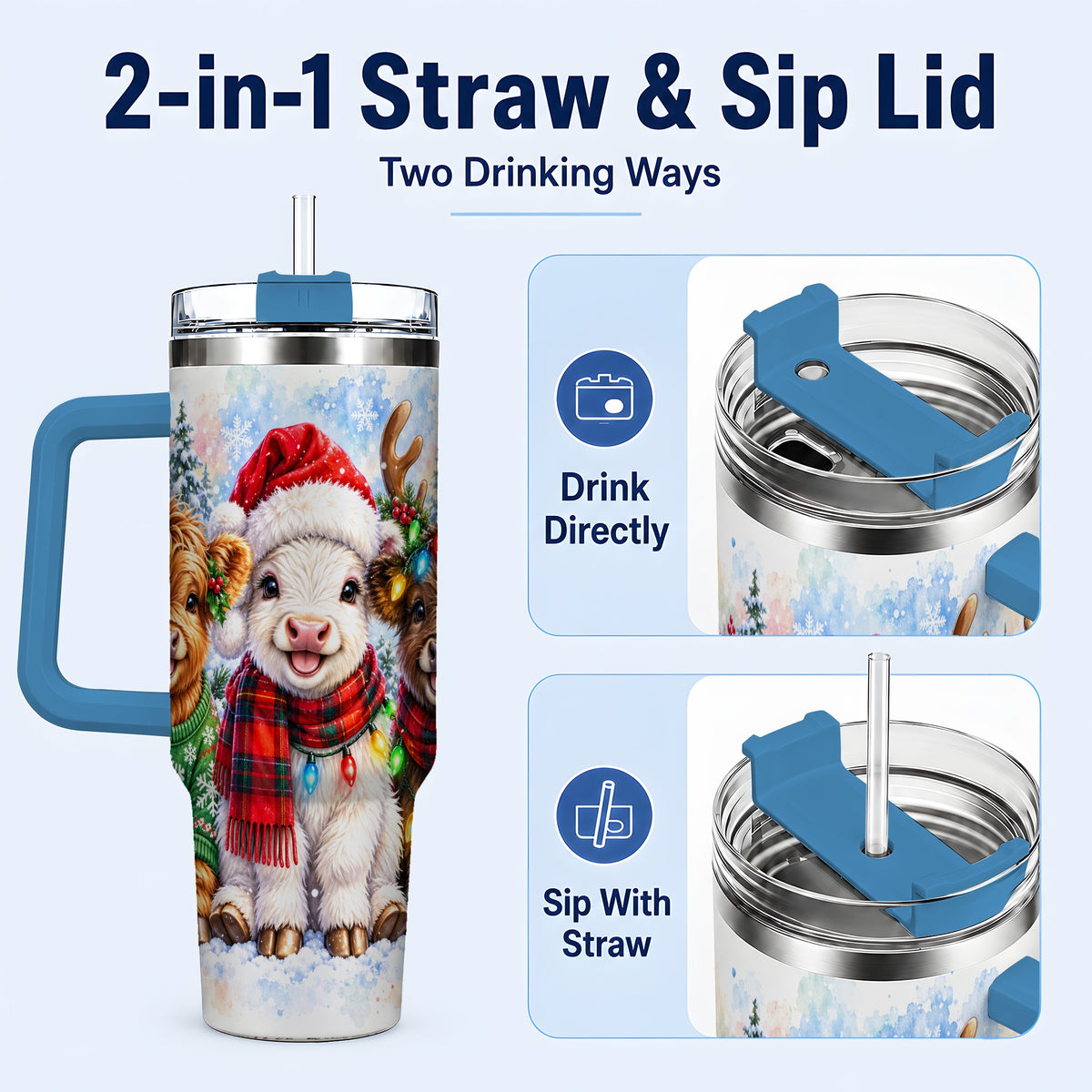 #pl[40oz|Blue] Christmas Cow Trio 40oz Tumbler with Handle, Winter Travel Cup