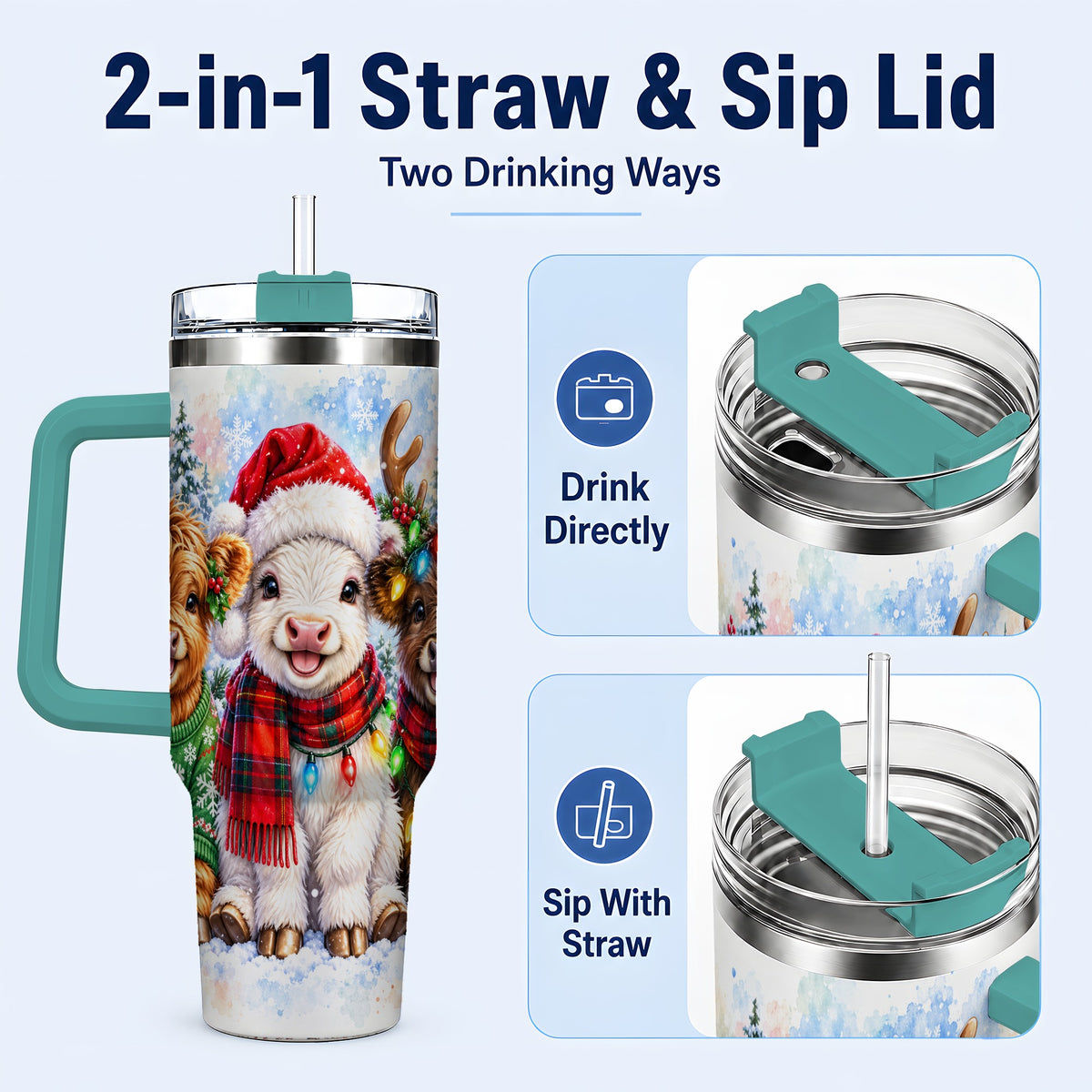 #pl[40oz|Green] Christmas Cow Trio 40oz Tumbler with Handle, Winter Travel Cup