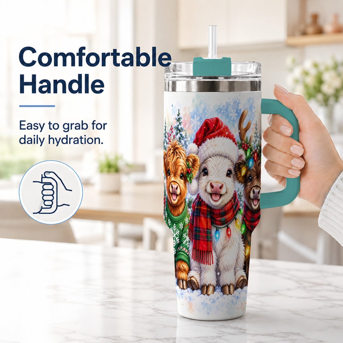 #pl[40oz|Green] Christmas Cow Trio 40oz Tumbler with Handle, Winter Travel Cup