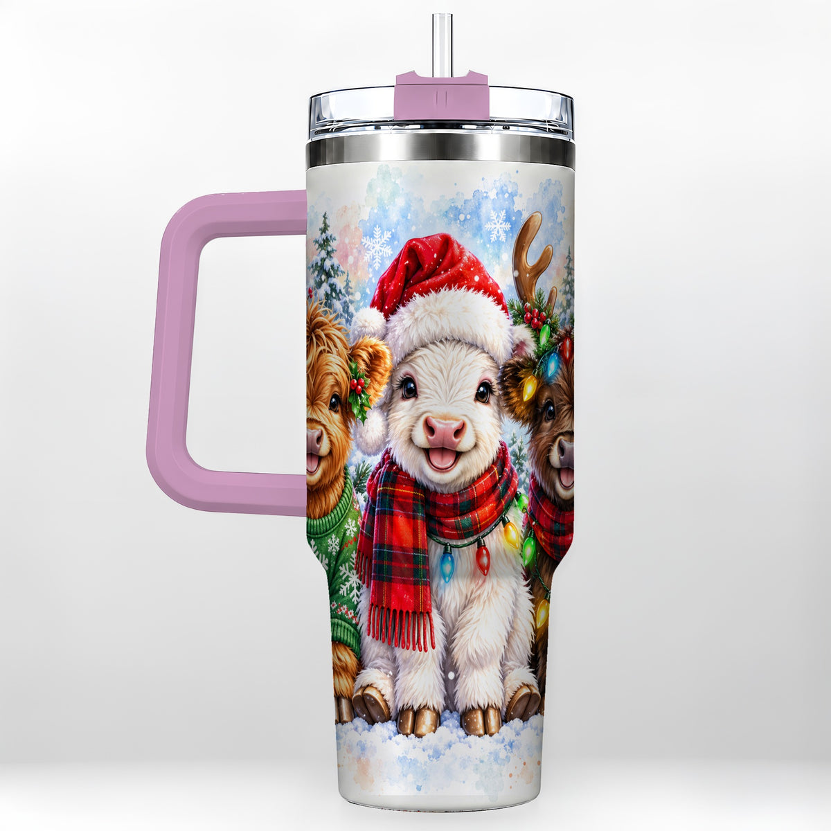 #pl[40oz|Pink] Christmas Cow Trio 40oz Tumbler with Handle, Winter Travel Cup