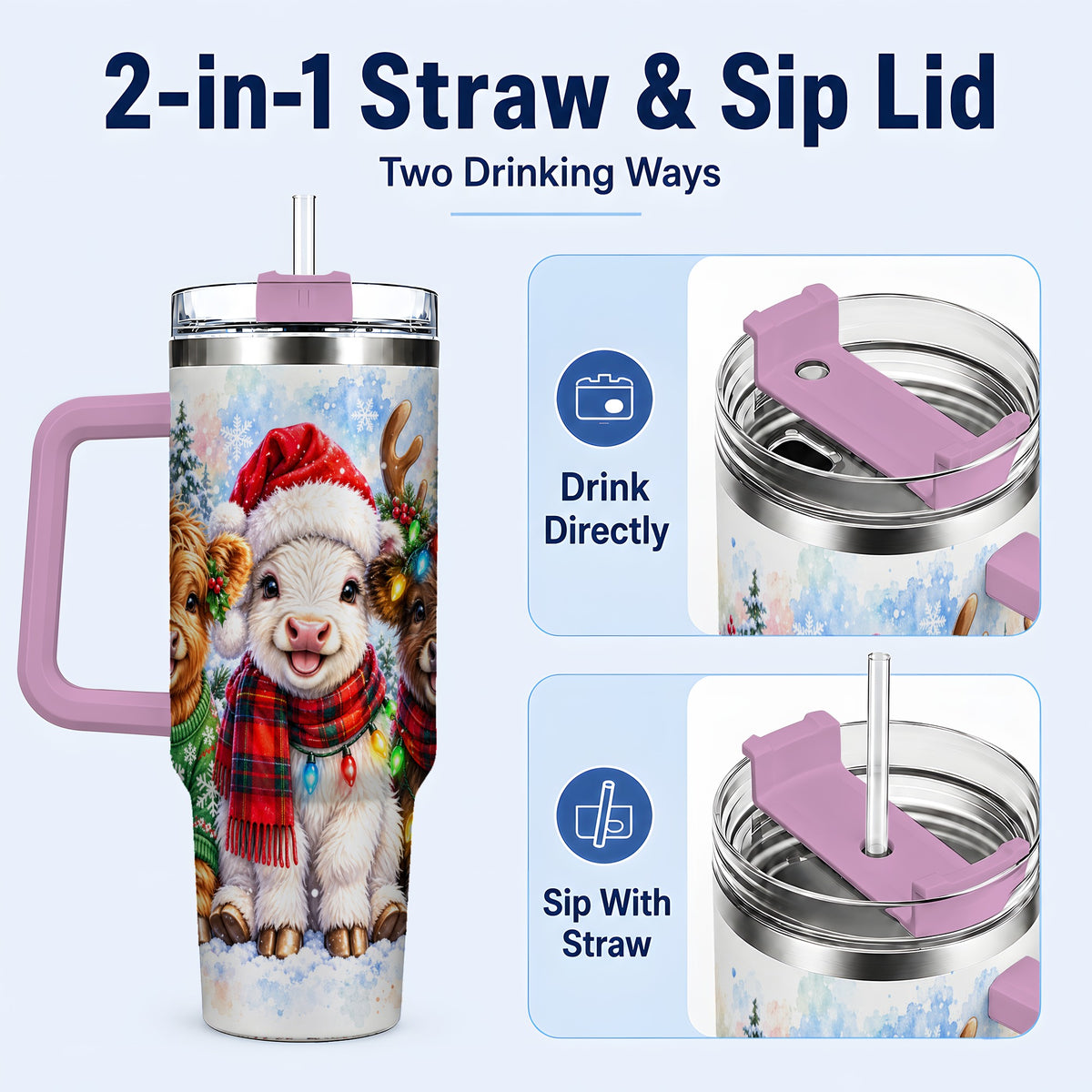 #pl[40oz|Pink] Christmas Cow Trio 40oz Tumbler with Handle, Winter Travel Cup