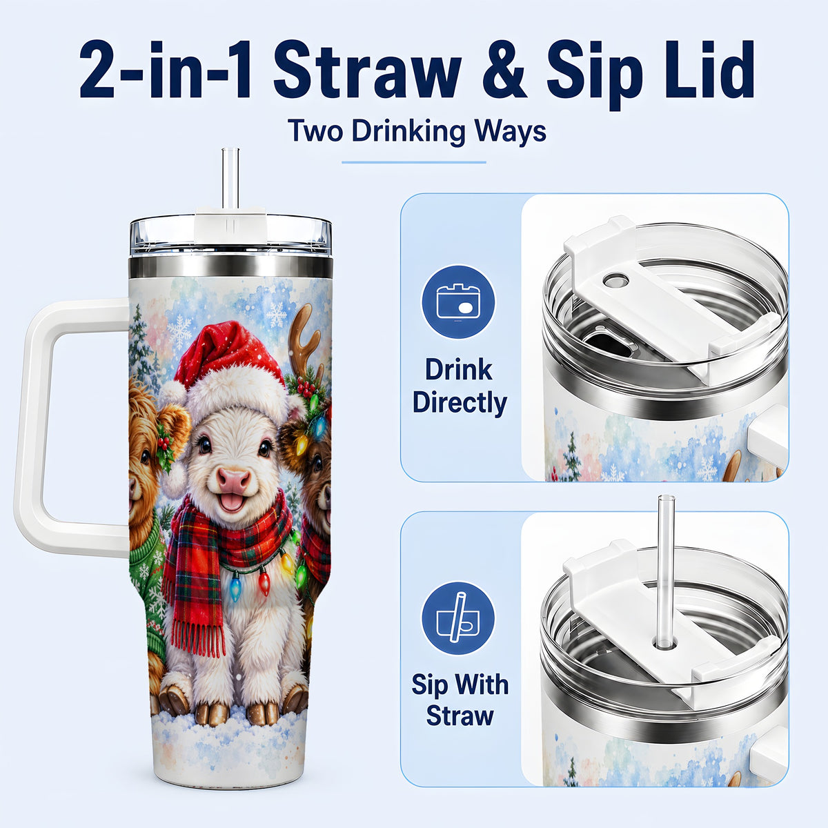 #pl[40oz|White] Christmas Cow Trio 40oz Tumbler with Handle, Winter Travel Cup