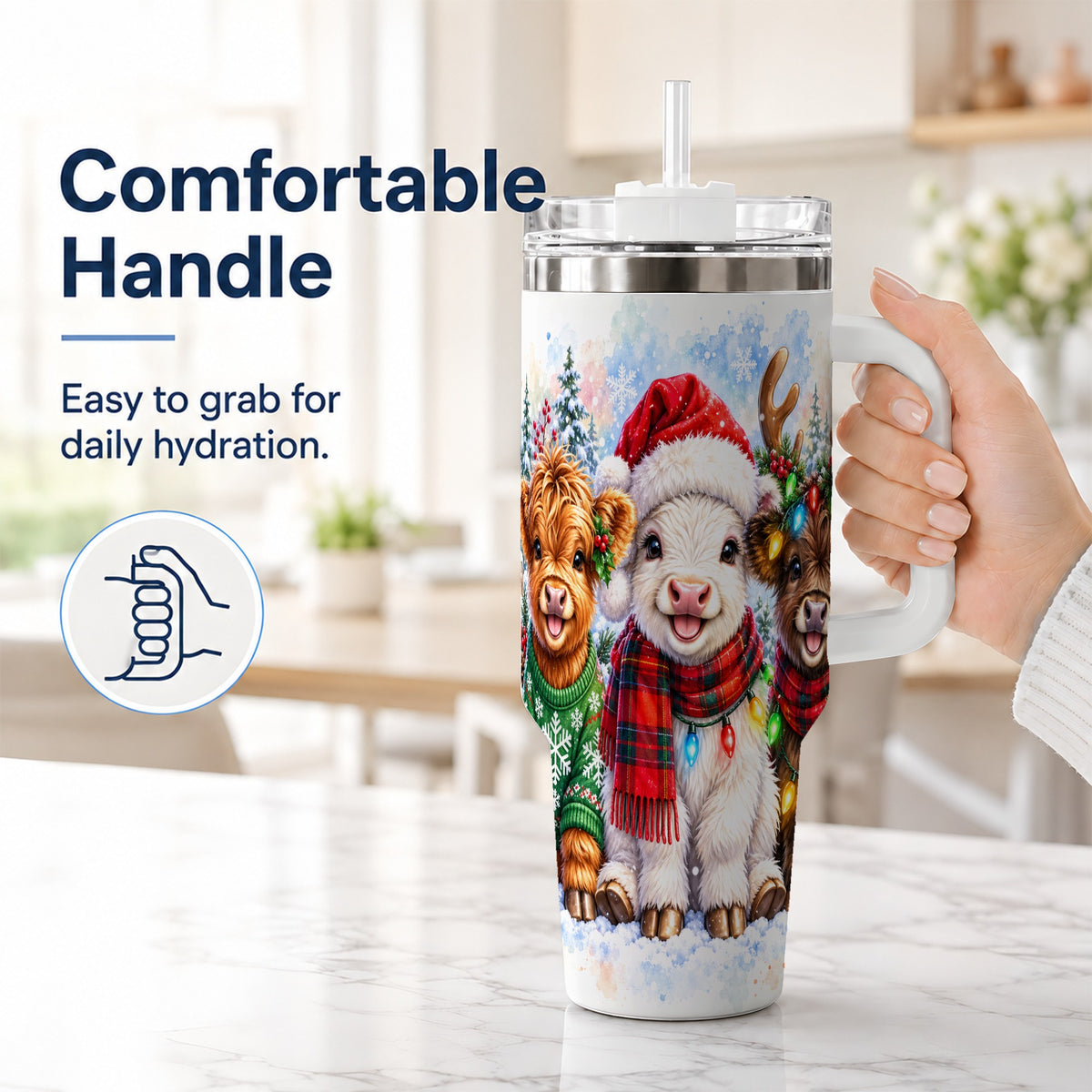 #pl[40oz|White] Christmas Cow Trio 40oz Tumbler with Handle, Winter Travel Cup