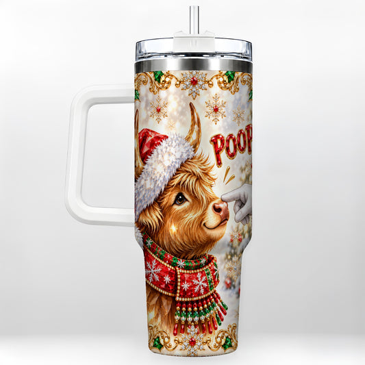 #pl[40oz|White] Playful Christmas Cow 40oz Tumbler with Handle, Holiday Travel Cup