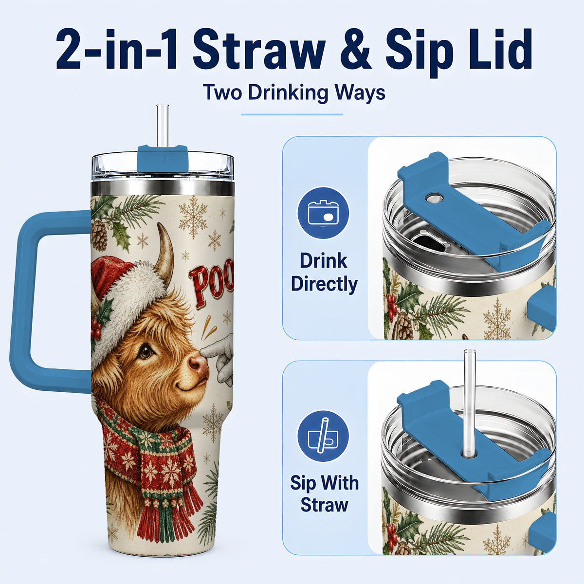 #pl[40oz|Blue] Funny Highland Cow 40oz Tumbler with Handle, Holiday Farm Travel Cup