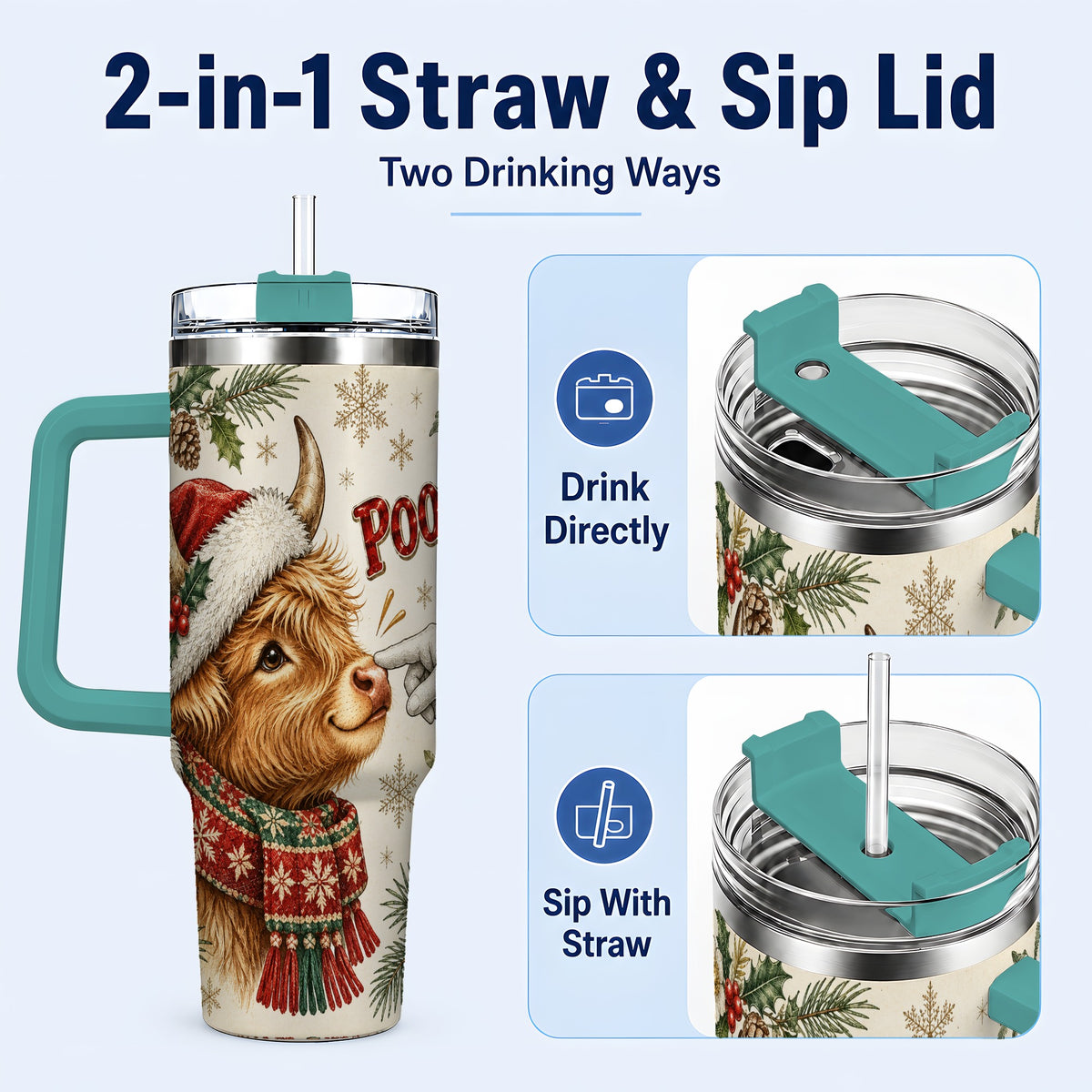 #pl[40oz|Green] Funny Highland Cow 40oz Tumbler with Handle, Holiday Farm Travel Cup