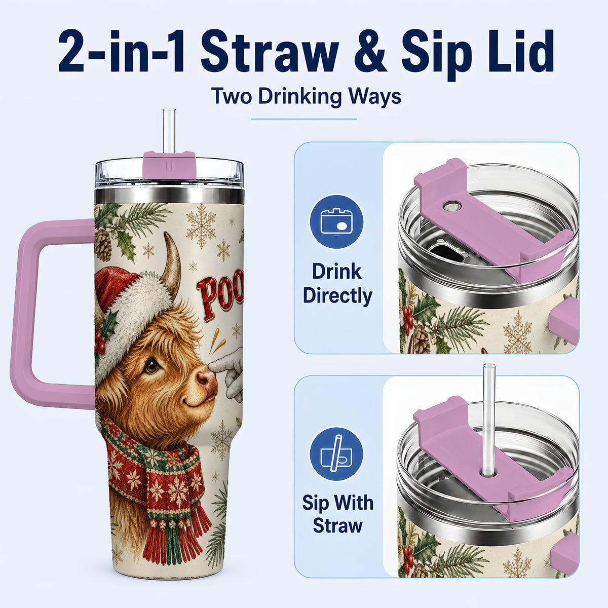#pl[40oz|Pink] Funny Highland Cow 40oz Tumbler with Handle, Holiday Farm Travel Cup