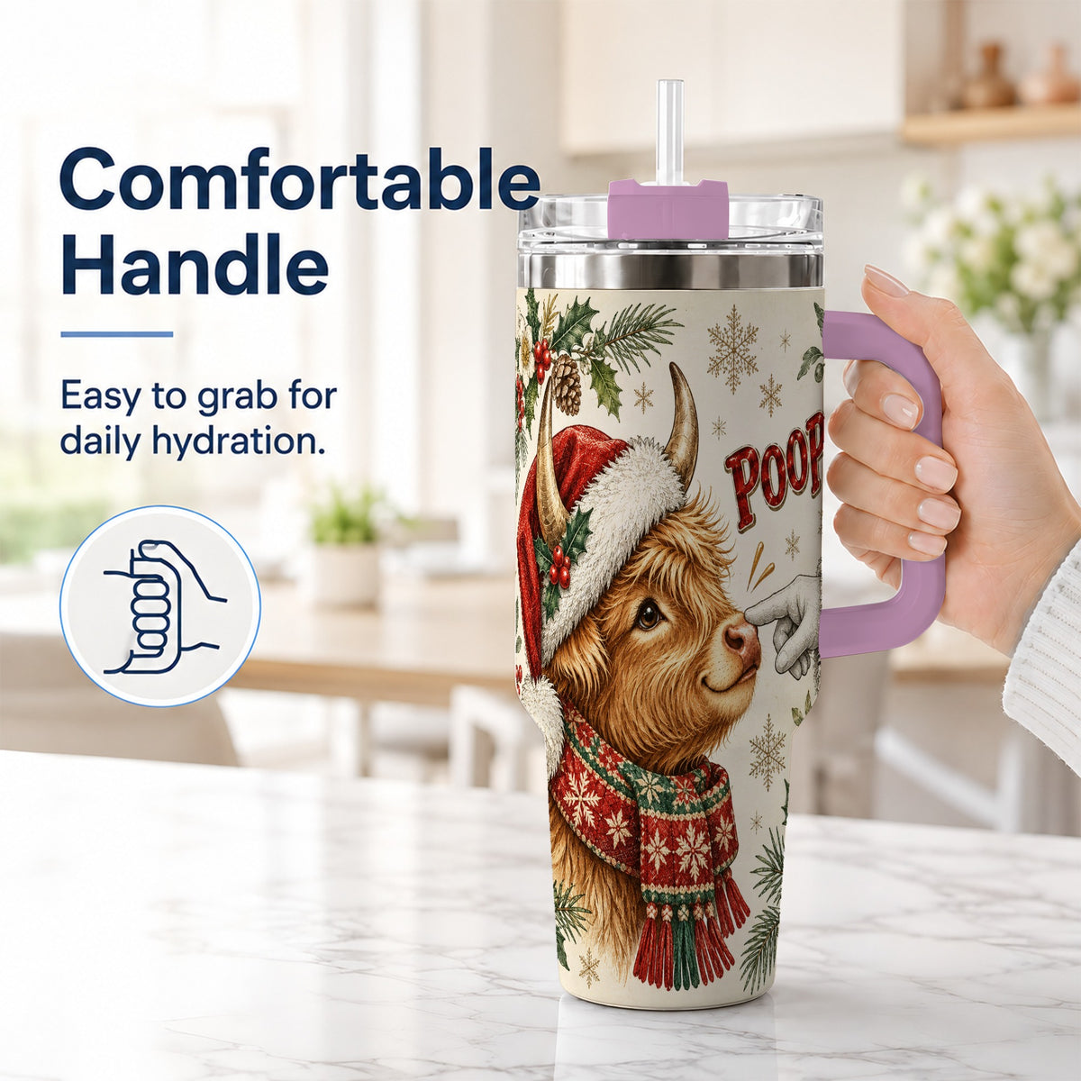 #pl[40oz|Pink] Funny Highland Cow 40oz Tumbler with Handle, Holiday Farm Travel Cup