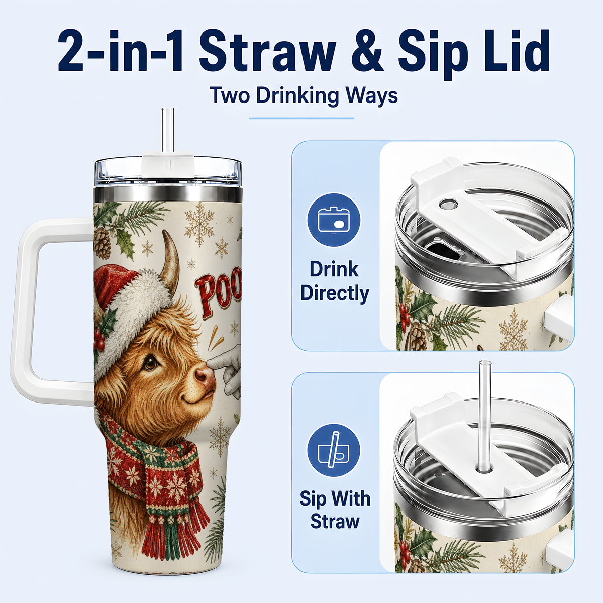 #pl[40oz|White] Funny Highland Cow 40oz Tumbler with Handle, Holiday Farm Travel Cup