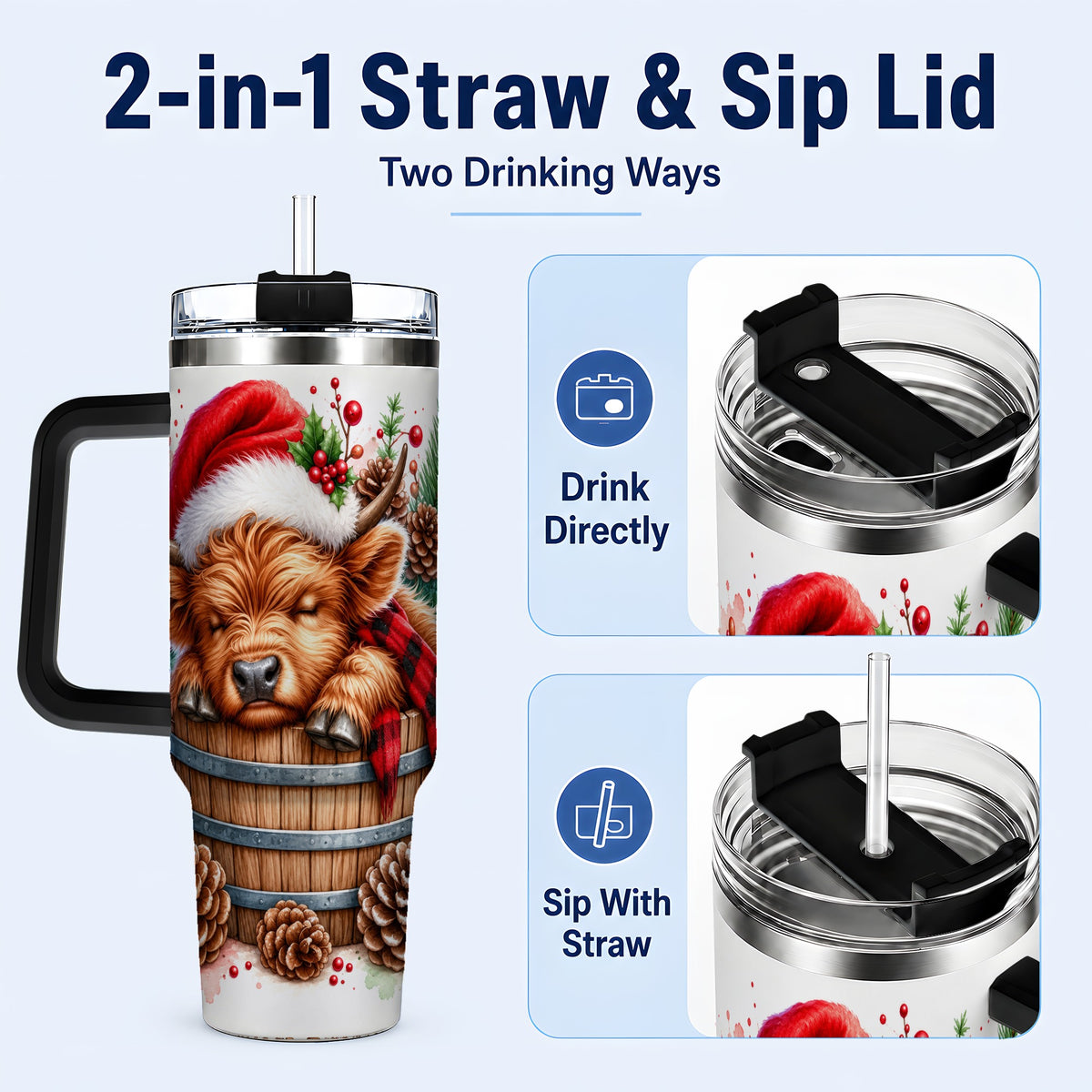 #pl[40oz|Black] Sleeping Highland Cow 40oz Tumbler with Handle, Christmas Travel Cup