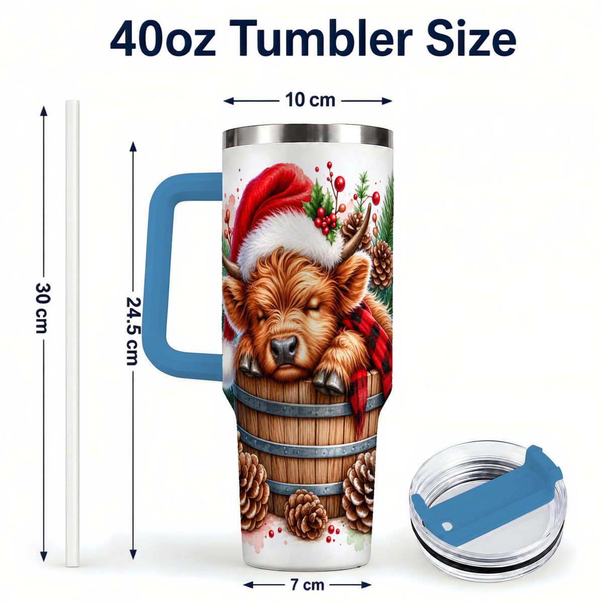 #pl[40oz|Blue] Sleeping Highland Cow 40oz Tumbler with Handle, Christmas Travel Cup