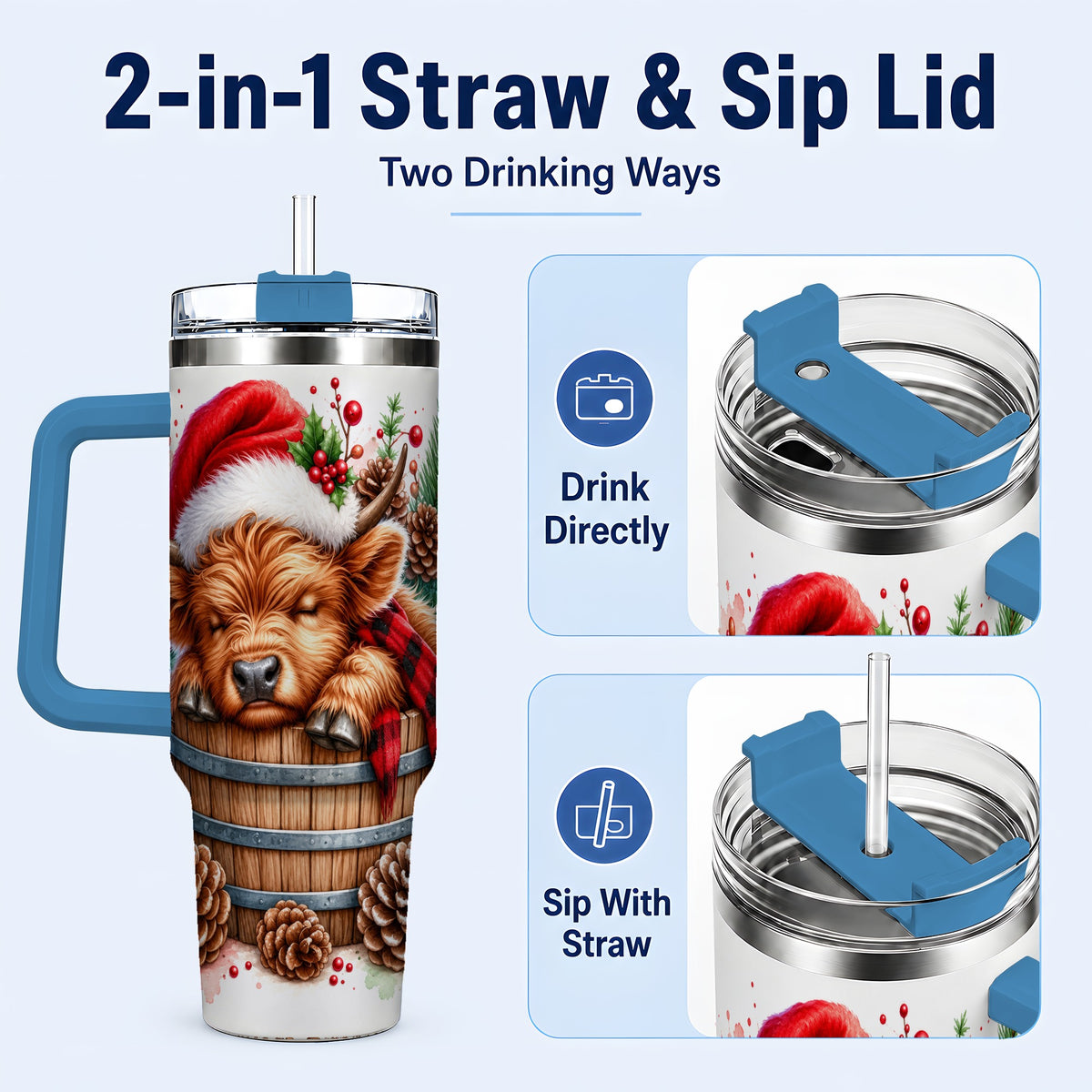 #pl[40oz|Blue] Sleeping Highland Cow 40oz Tumbler with Handle, Christmas Travel Cup