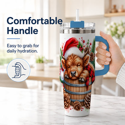 #pl[40oz|Blue] Sleeping Highland Cow 40oz Tumbler with Handle, Christmas Travel Cup