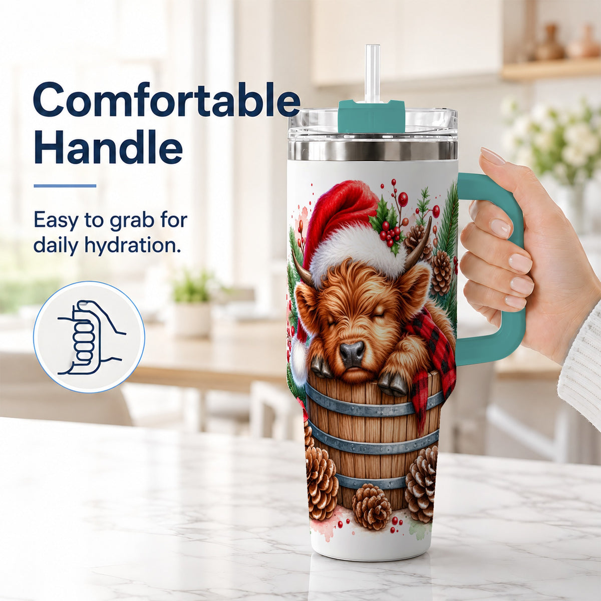 #pl[40oz|Green] Sleeping Highland Cow 40oz Tumbler with Handle, Christmas Travel Cup