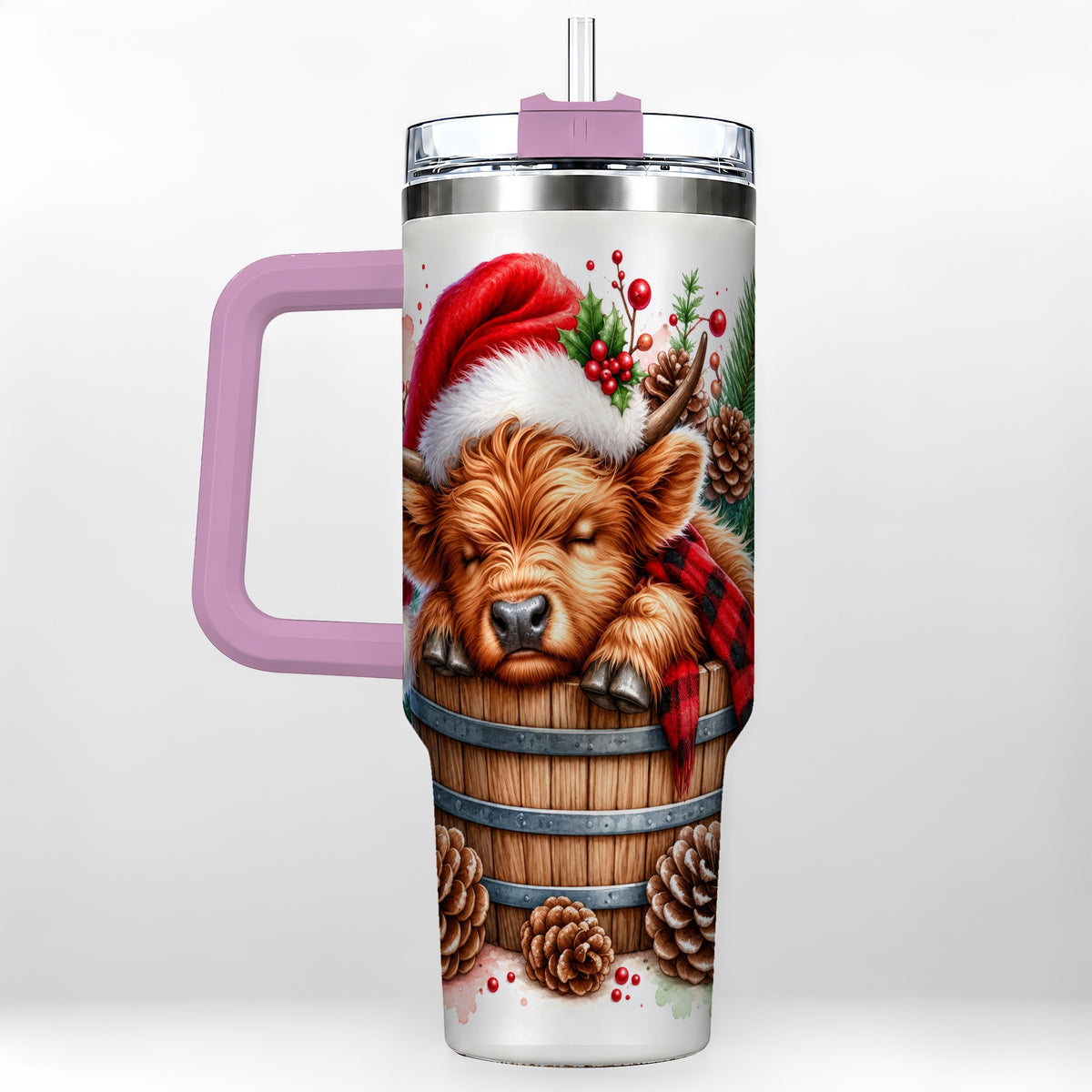 #pl[40oz|Pink] Sleeping Highland Cow 40oz Tumbler with Handle, Christmas Travel Cup