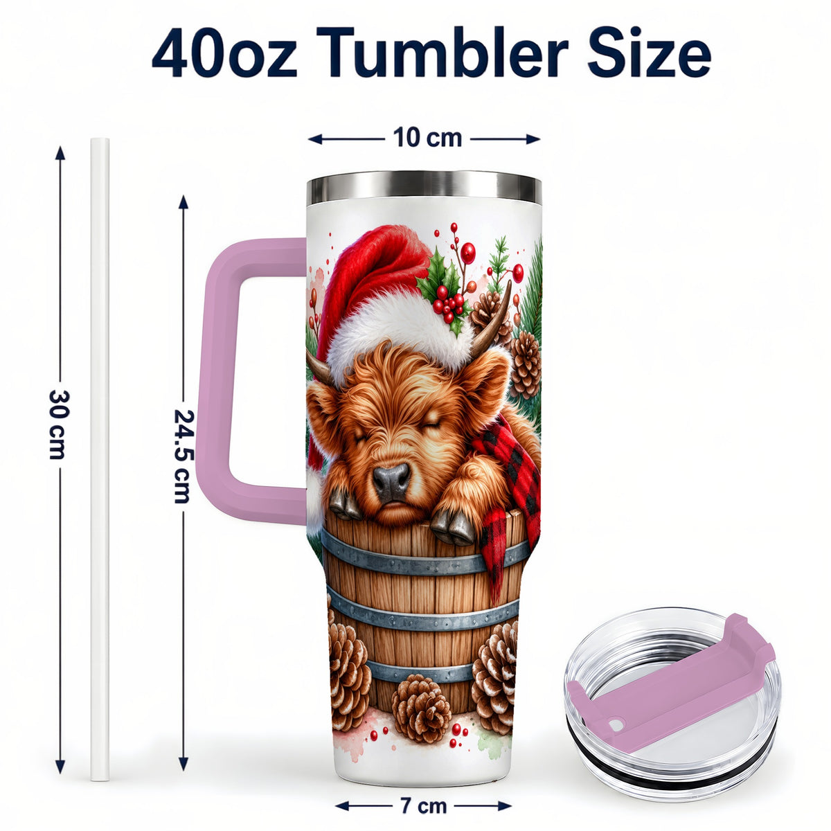 #pl[40oz|Pink] Sleeping Highland Cow 40oz Tumbler with Handle, Christmas Travel Cup