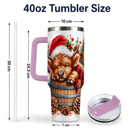 #pl[40oz|Pink] Sleeping Highland Cow 40oz Tumbler with Handle, Christmas Travel Cup