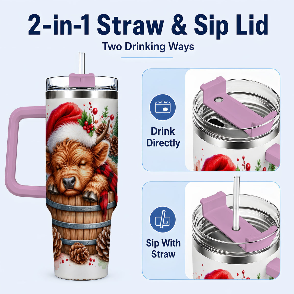 #pl[40oz|Pink] Sleeping Highland Cow 40oz Tumbler with Handle, Christmas Travel Cup