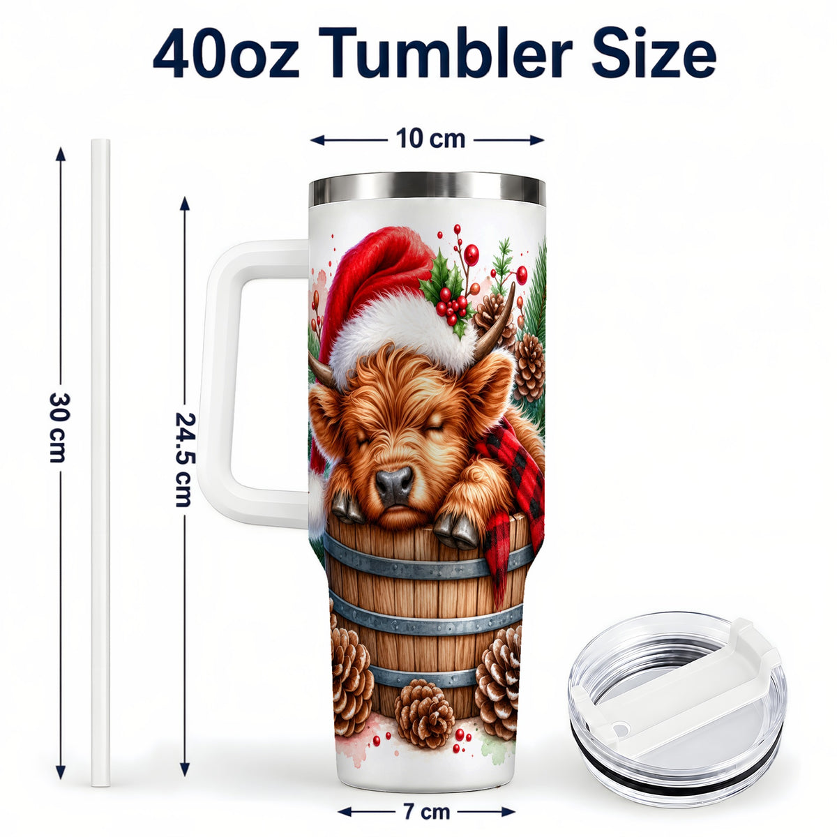 #pl[40oz|White] Sleeping Highland Cow 40oz Tumbler with Handle, Christmas Travel Cup