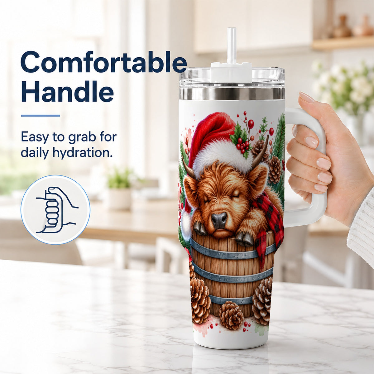 #pl[40oz|White] Sleeping Highland Cow 40oz Tumbler with Handle, Christmas Travel Cup