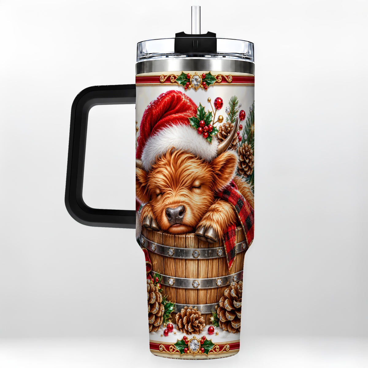 #pl[40oz|Black] Jeweled Highland Cow 40oz Tumbler with Handle, Christmas Travel Cup