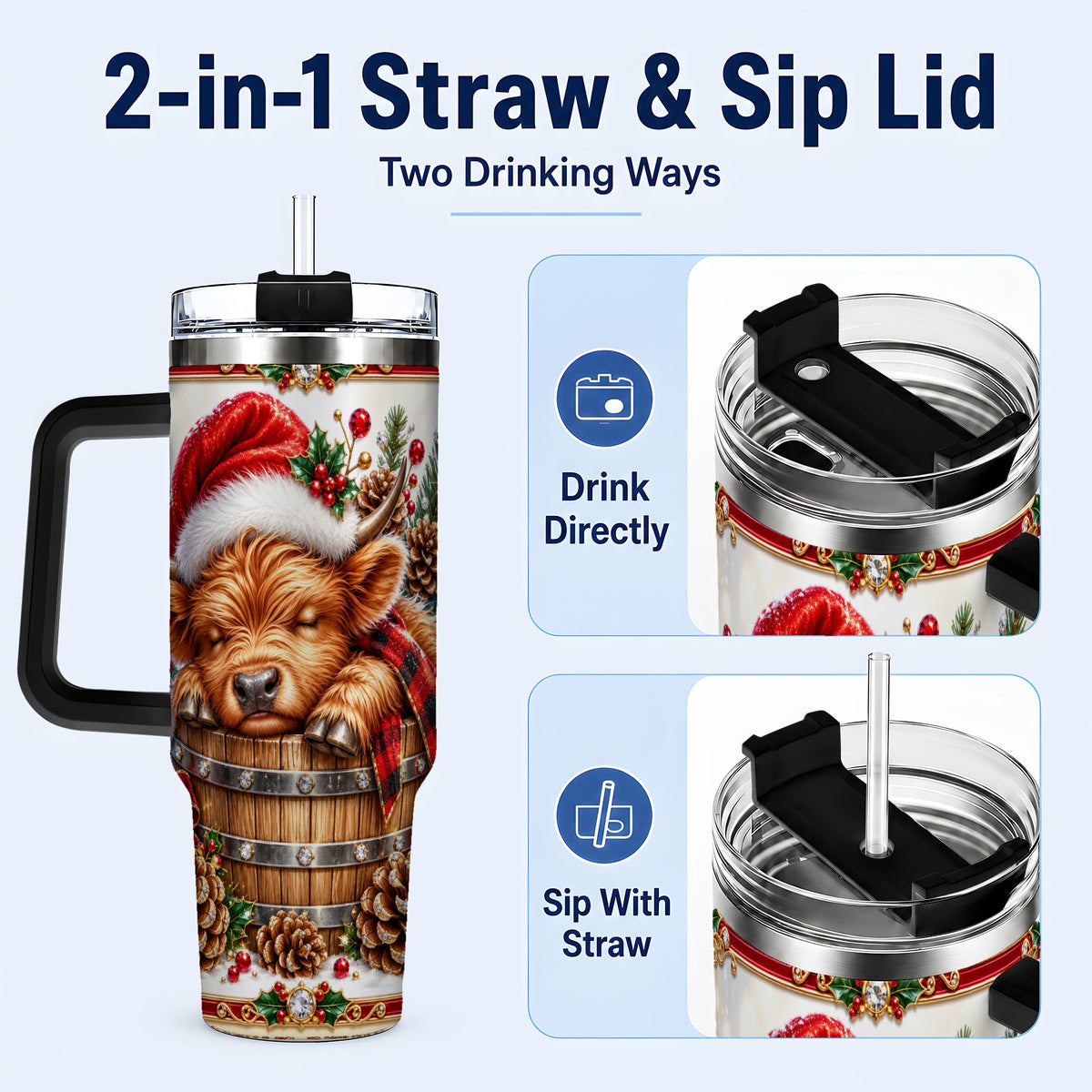 #pl[40oz|Black] Jeweled Highland Cow 40oz Tumbler with Handle, Christmas Travel Cup