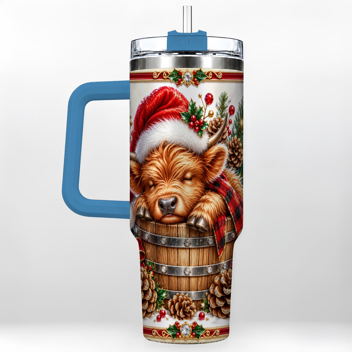 #pl[40oz|Blue] Jeweled Highland Cow 40oz Tumbler with Handle, Christmas Travel Cup