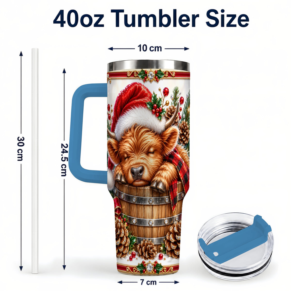 #pl[40oz|Blue] Jeweled Highland Cow 40oz Tumbler with Handle, Christmas Travel Cup