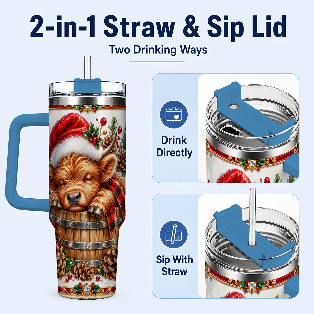 #pl[40oz|Blue] Jeweled Highland Cow 40oz Tumbler with Handle, Christmas Travel Cup