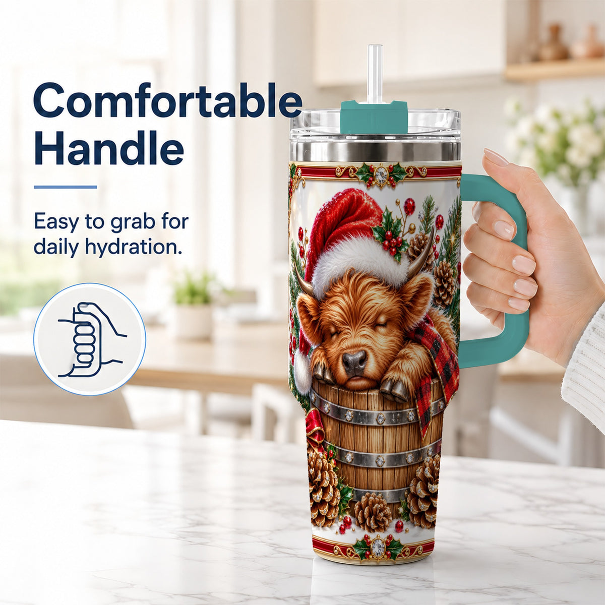 #pl[40oz|Green] Jeweled Highland Cow 40oz Tumbler with Handle, Christmas Travel Cup