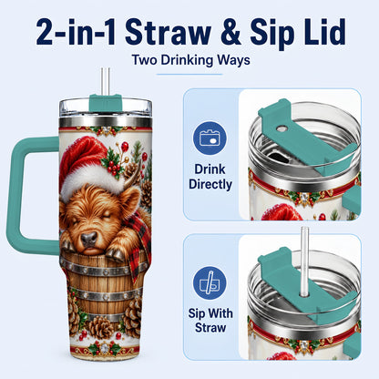 #pl[40oz|Green] Jeweled Highland Cow 40oz Tumbler with Handle, Christmas Travel Cup