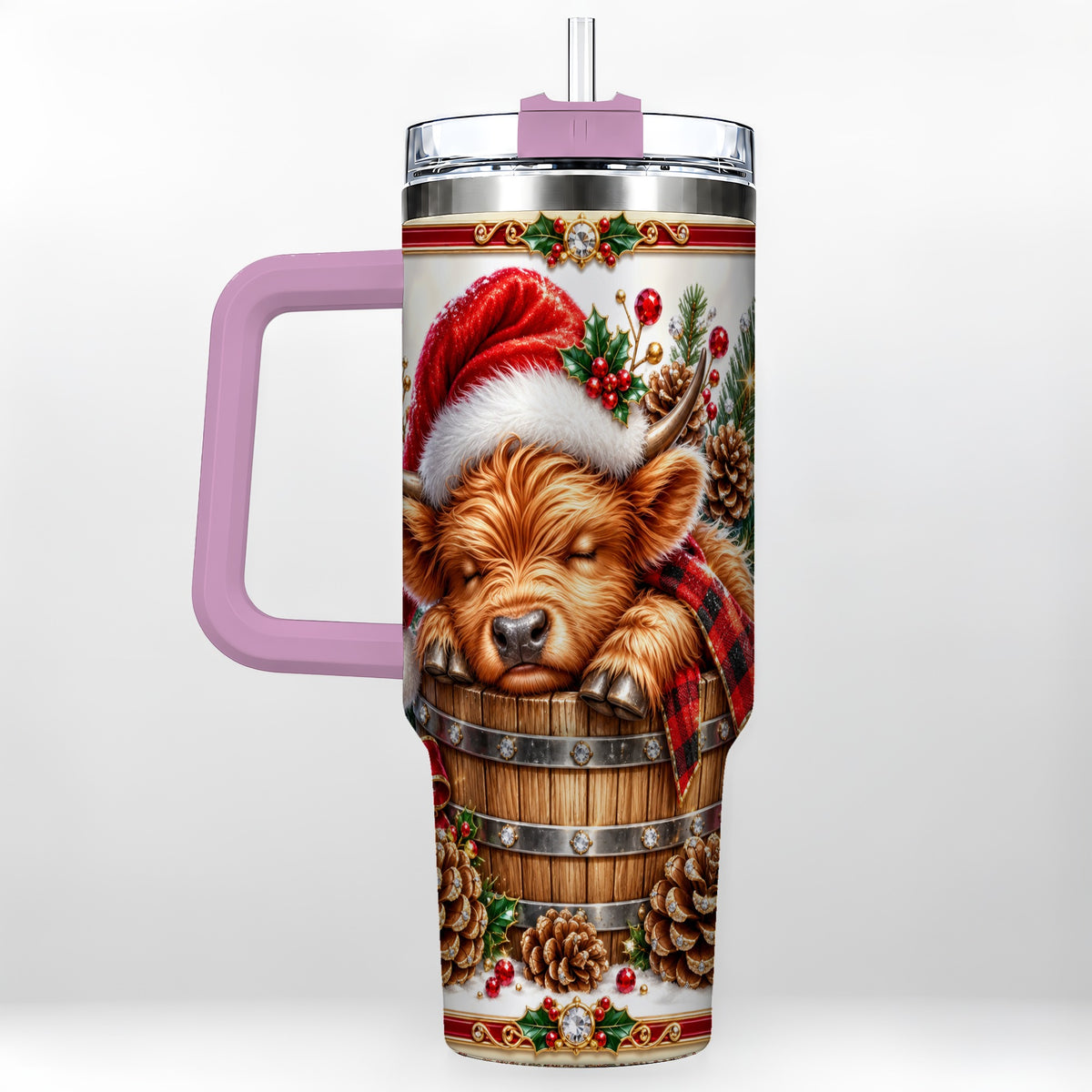 #pl[40oz|Pink] Jeweled Highland Cow 40oz Tumbler with Handle, Christmas Travel Cup