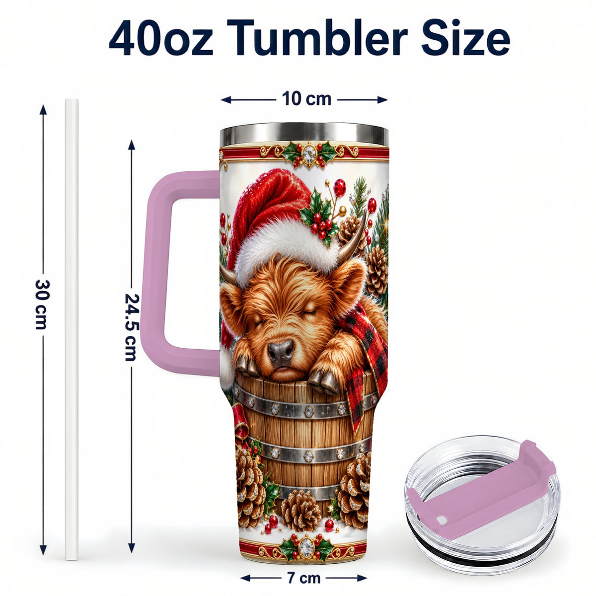 #pl[40oz|Pink] Jeweled Highland Cow 40oz Tumbler with Handle, Christmas Travel Cup