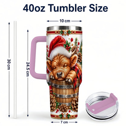#pl[40oz|Pink] Jeweled Highland Cow 40oz Tumbler with Handle, Christmas Travel Cup