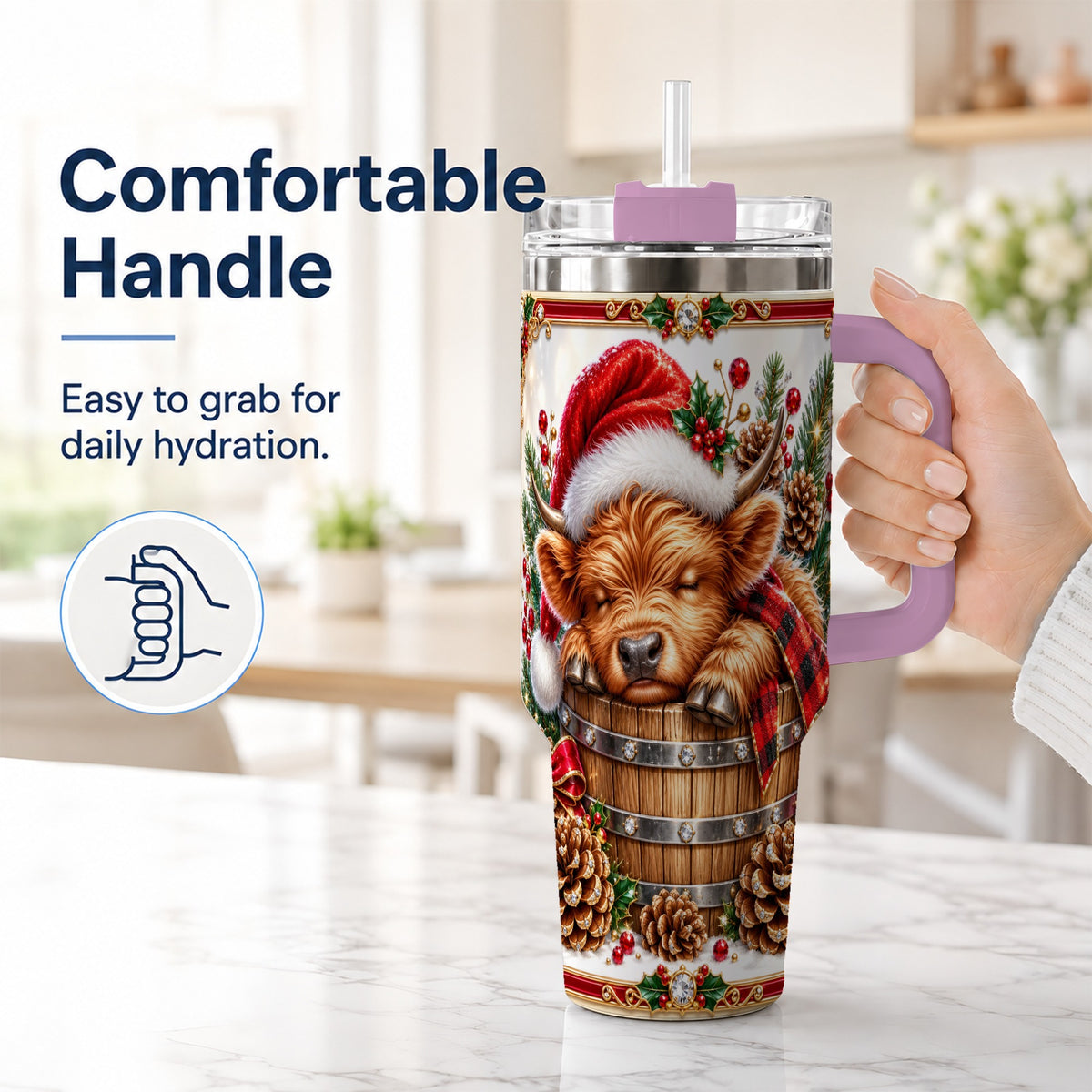 #pl[40oz|Pink] Jeweled Highland Cow 40oz Tumbler with Handle, Christmas Travel Cup