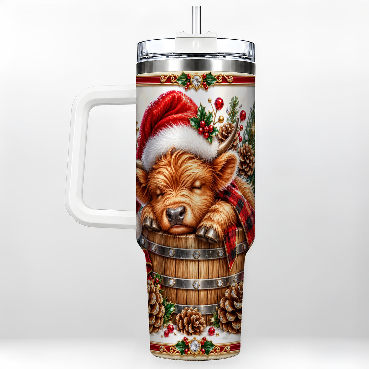 #pl[40oz|White] Jeweled Highland Cow 40oz Tumbler with Handle, Christmas Travel Cup