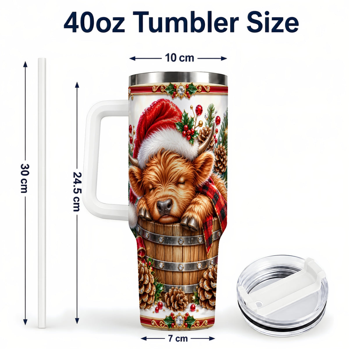 #pl[40oz|White] Jeweled Highland Cow 40oz Tumbler with Handle, Christmas Travel Cup