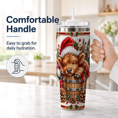 #pl[40oz|White] Jeweled Highland Cow 40oz Tumbler with Handle, Christmas Travel Cup