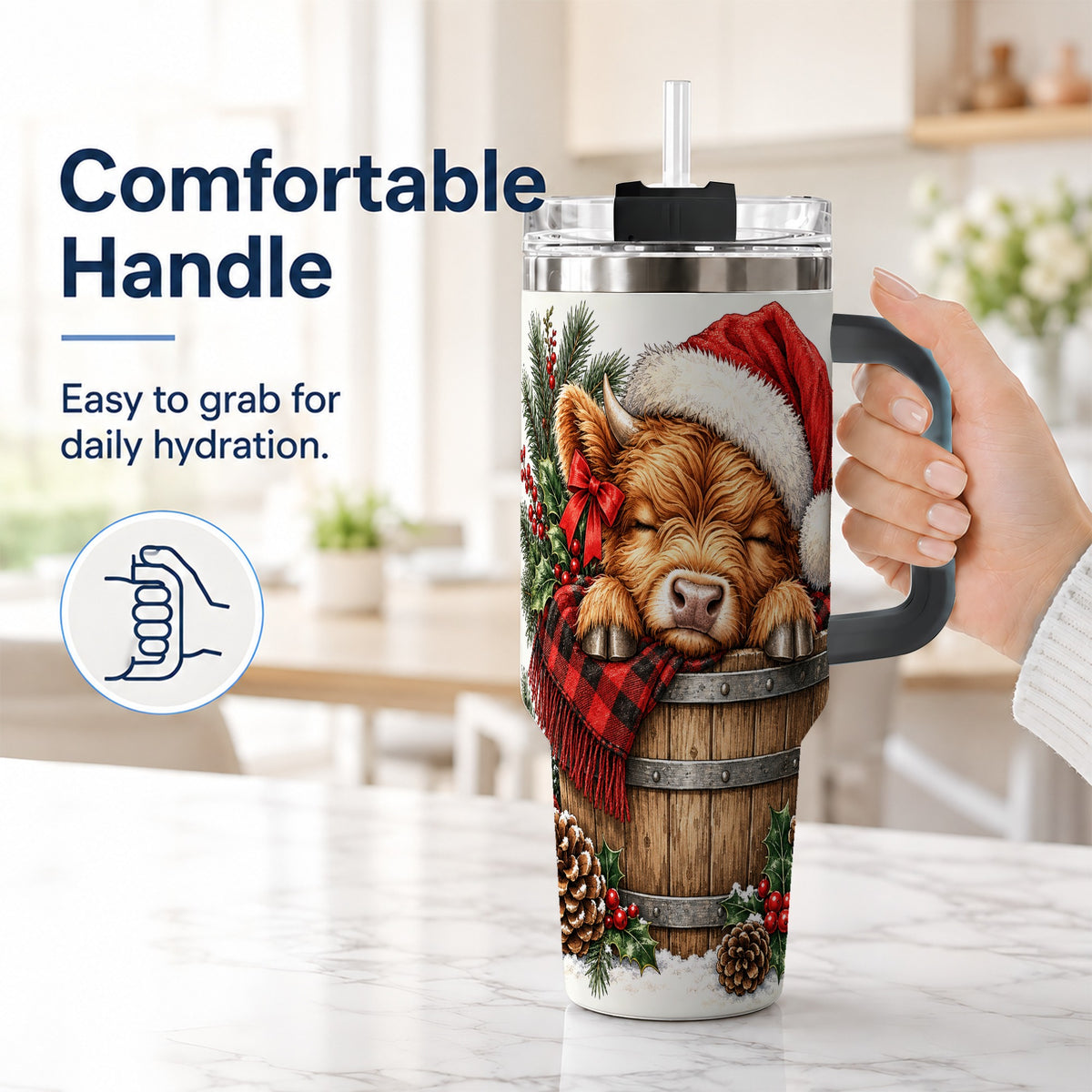 #pl[40oz|Black] Vintage Highland Cow 40oz Tumbler with Handle, Christmas Travel Cup