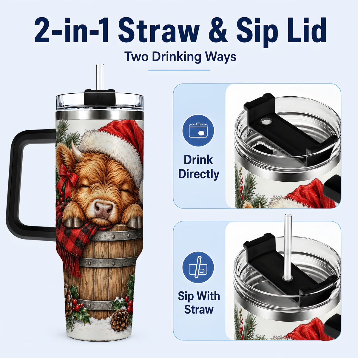 #pl[40oz|Black] Vintage Highland Cow 40oz Tumbler with Handle, Christmas Travel Cup