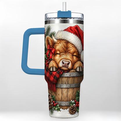 #pl[40oz|Blue] Vintage Highland Cow 40oz Tumbler with Handle, Christmas Travel Cup