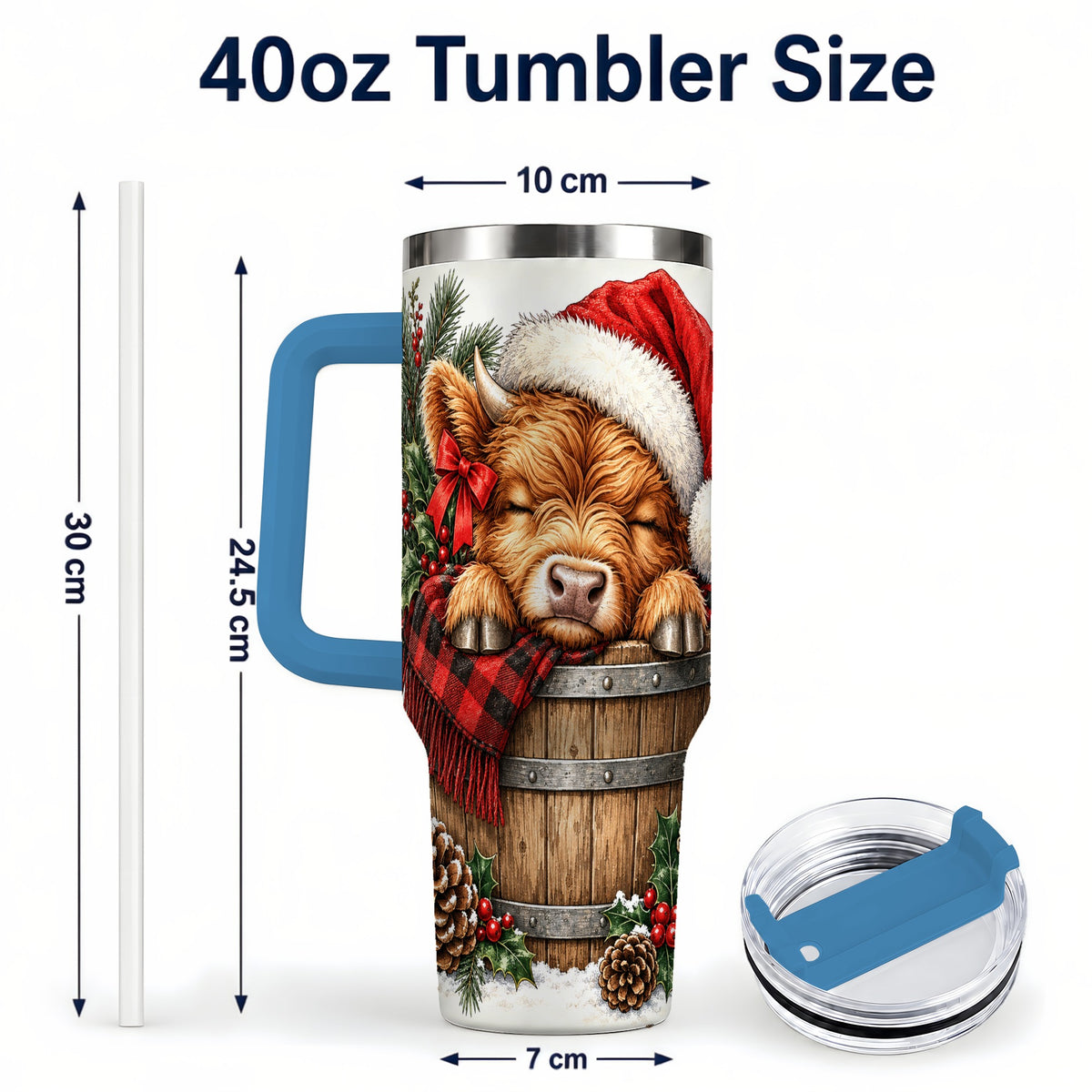 #pl[40oz|Blue] Vintage Highland Cow 40oz Tumbler with Handle, Christmas Travel Cup