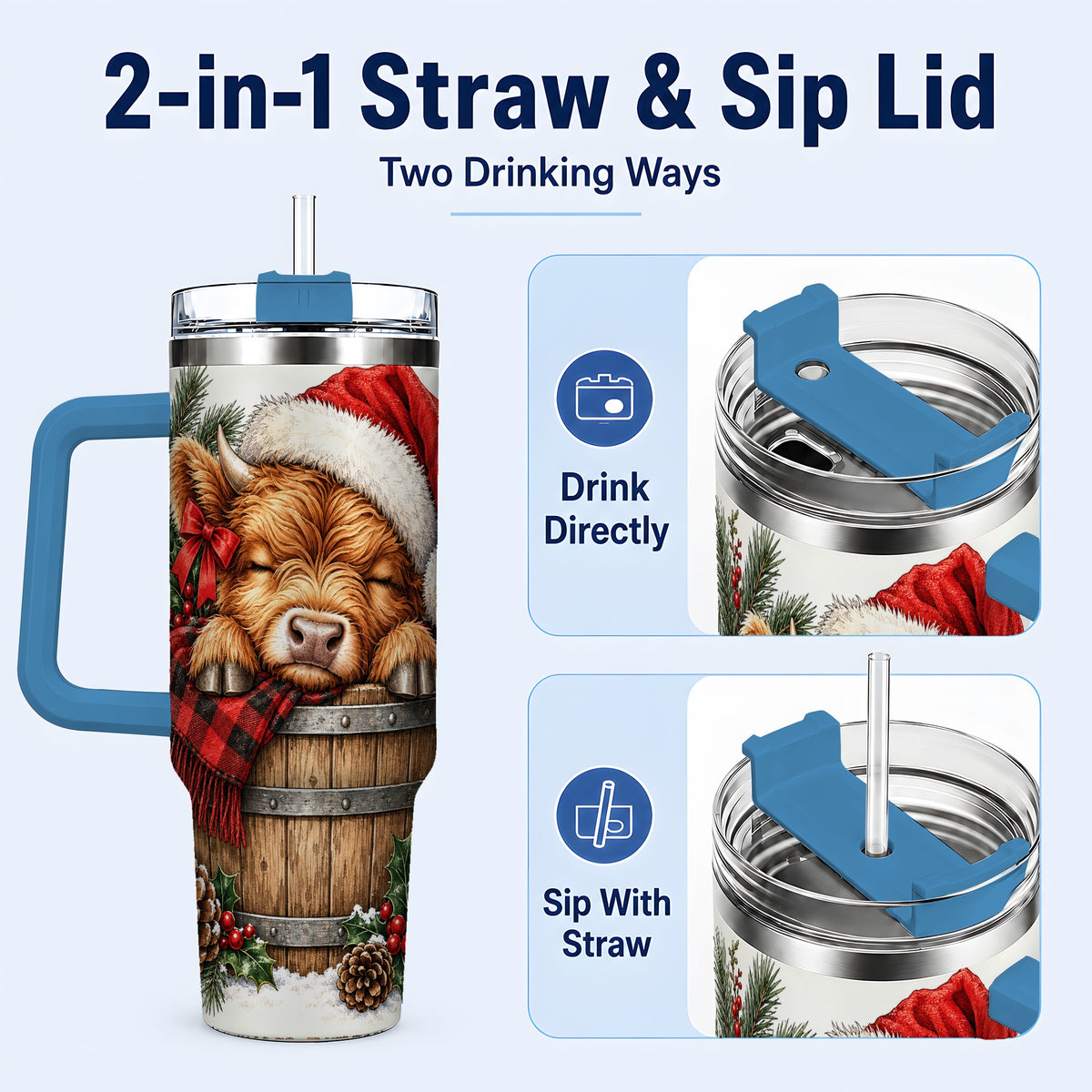 #pl[40oz|Blue] Vintage Highland Cow 40oz Tumbler with Handle, Christmas Travel Cup