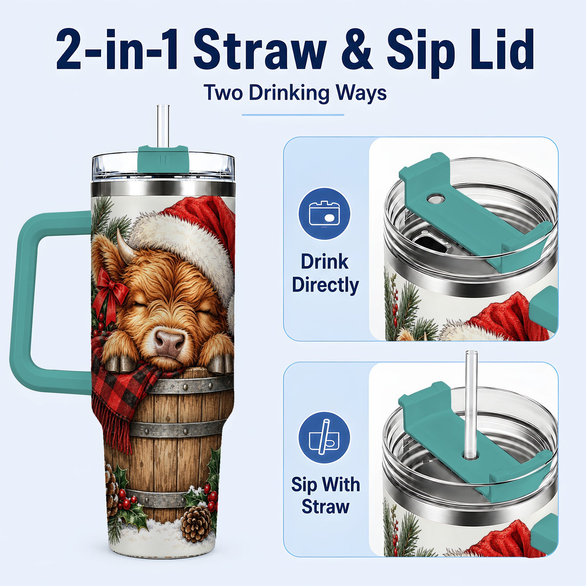 #pl[40oz|Green] Vintage Highland Cow 40oz Tumbler with Handle, Christmas Travel Cup