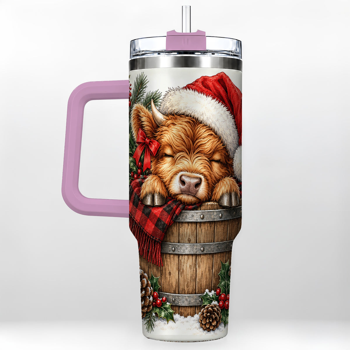 #pl[40oz|Pink] Vintage Highland Cow 40oz Tumbler with Handle, Christmas Travel Cup
