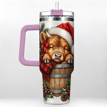 #pl[40oz|Pink] Vintage Highland Cow 40oz Tumbler with Handle, Christmas Travel Cup