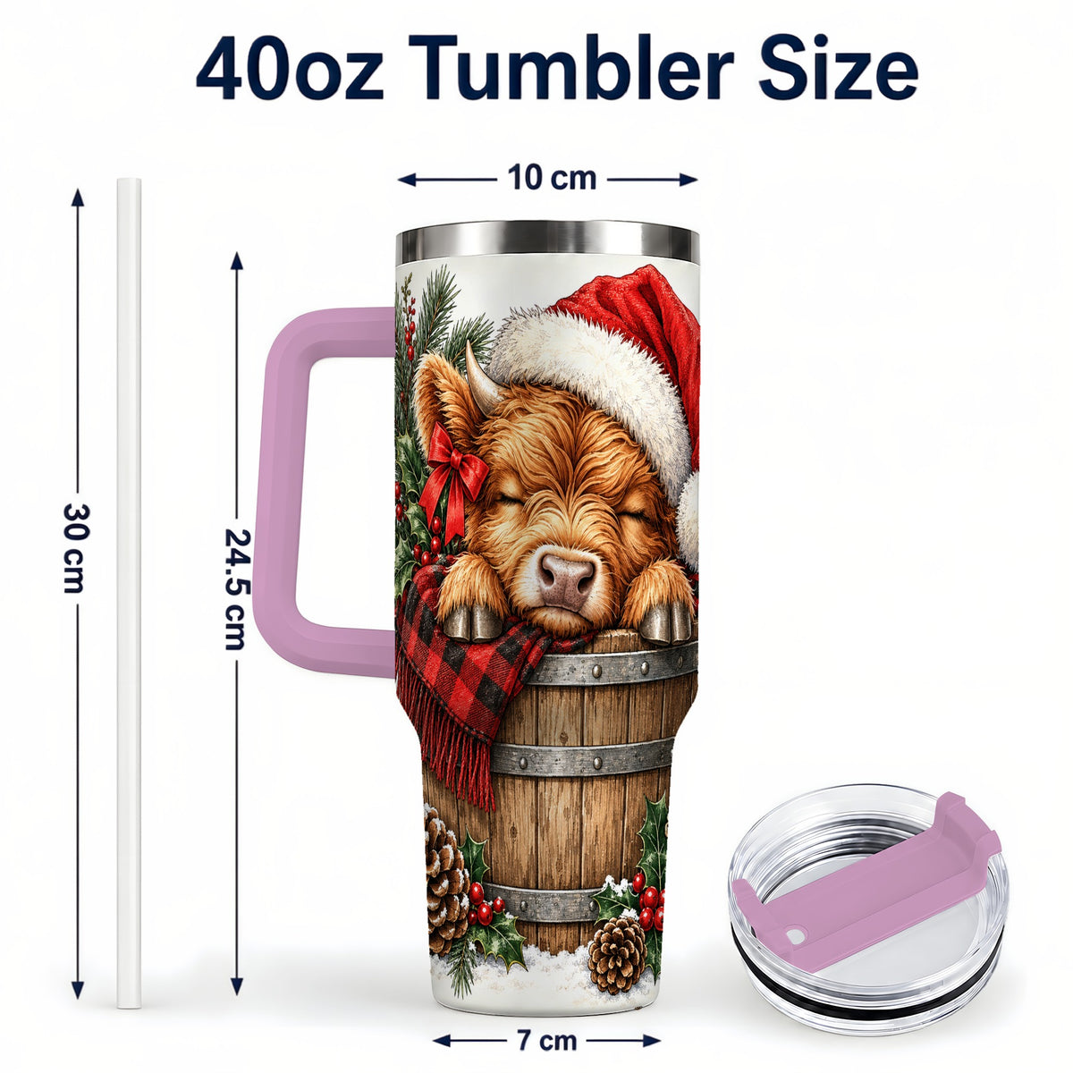 #pl[40oz|Pink] Vintage Highland Cow 40oz Tumbler with Handle, Christmas Travel Cup