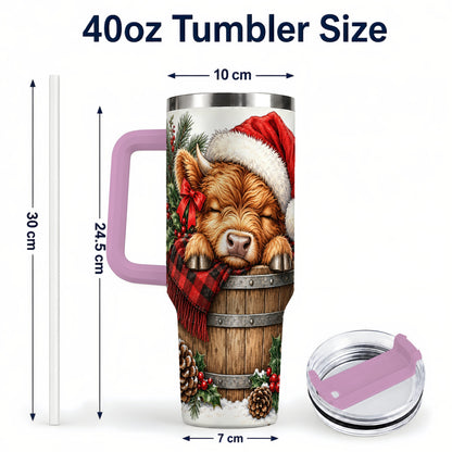 #pl[40oz|Pink] Vintage Highland Cow 40oz Tumbler with Handle, Christmas Travel Cup