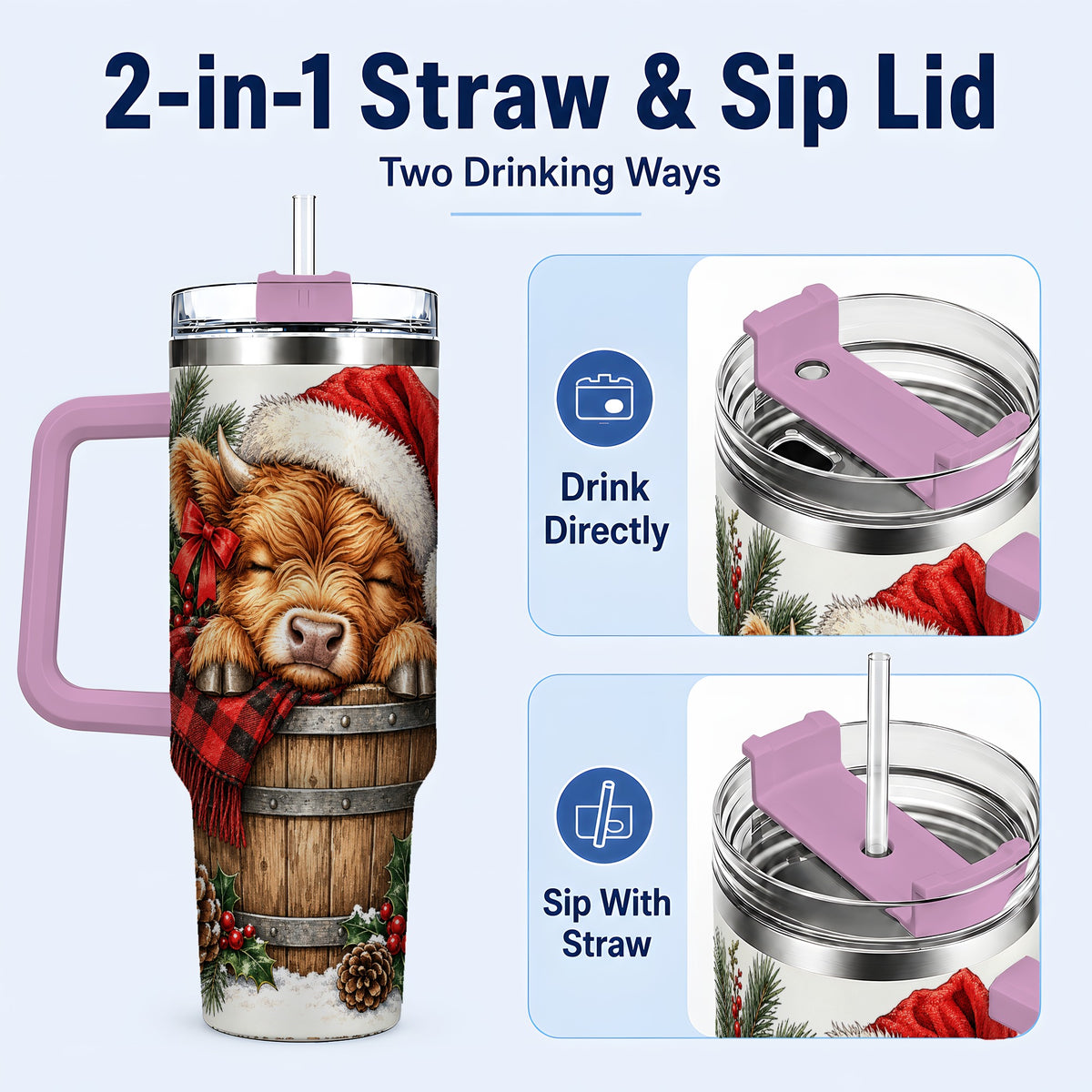 #pl[40oz|Pink] Vintage Highland Cow 40oz Tumbler with Handle, Christmas Travel Cup