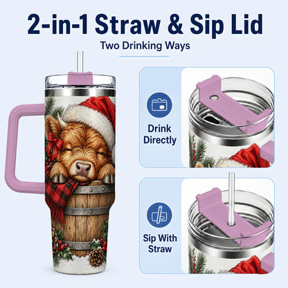 #pl[40oz|Pink] Vintage Highland Cow 40oz Tumbler with Handle, Christmas Travel Cup